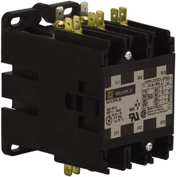 Square D - 3 Pole, 50 Amp Inductive Load, 277 Coil VAC at 60 Hz, Definite Purpose Contactor - Phase 1 and Phase 3 Hp:  10 at 230 VAC, 15 at 230 VAC, 3 at 115 VAC, 30 at 460 VAC, 30 at 575 VAC, 65 Amp Resistive Rating, CE, CSA, UL Listed - Strong Tooling