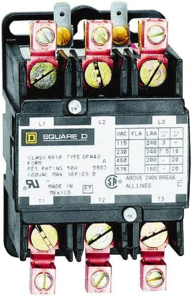 Square D - 3 Pole, 40 Amp Inductive Load, 277 Coil VAC at 60 Hz, Definite Purpose Contactor - Phase 1 and Phase 3 Hp:  10 at 230 VAC, 20 at 460 VAC, 25 at 575 VAC, 3 at 115 VAC, 7.5 at 230 VAC, 50 Amp Resistive Rating, CE, CSA, UL Listed - Strong Tooling