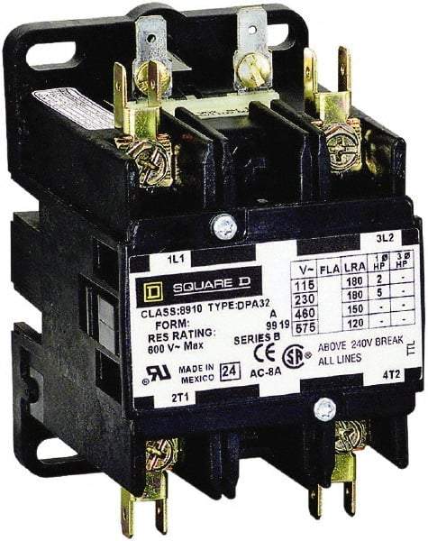 Square D - 2 Pole, 40 Amp Inductive Load, 110 Coil VAC at 50 Hz and 120 Coil VAC at 60 Hz, Definite Purpose Contactor - Phase 1 Hp:  3 at 115 VAC, 7.5 at 230 VAC, 50 Amp Resistive Rating, CE, CSA, UL Listed - Strong Tooling