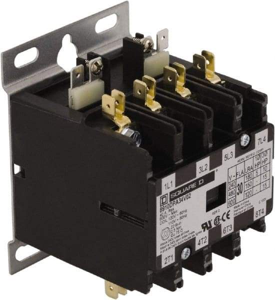 Square D - 4 Pole, 20 Amp Inductive Load, 277 Coil VAC at 60 Hz, Definite Purpose Contactor - Phase 1 and Phase 3 Hp:  1.5 at 115 VAC, 3 at 230 VAC, 7.5 at 230 VAC, 7.5 at 460 VAC, 7.5 at 575 VAC, 30 Amp Resistive Rating, CE, CSA, UL Listed - Strong Tooling