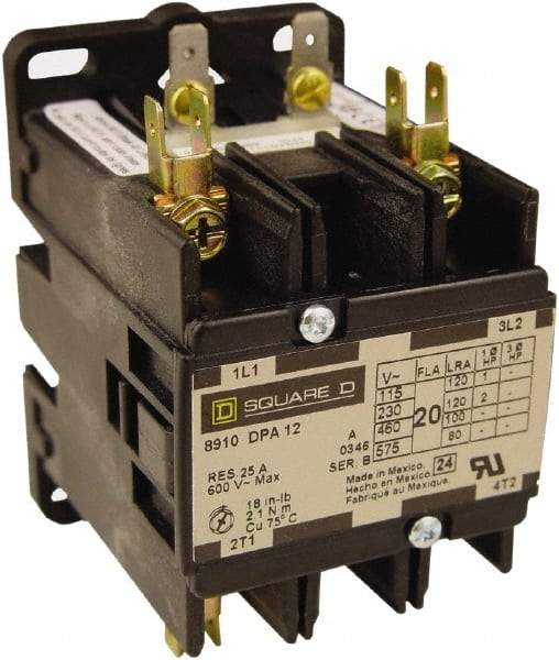 Square D - 3 Pole, 25 Amp Inductive Load, Definite Purpose Contactor - 35 Amp Resistive Rating - Strong Tooling