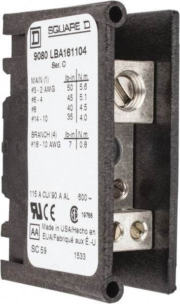 Square D - 1 Pole, 115 (Copper), 90 (Aluminium) Amp, Thermoplastic Power Distribution Block - 600 VAC, 1 Primary Connection - Strong Tooling