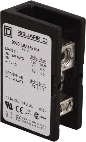 Square D - 1 Pole, 175 (Copper) Amp, Phenolic Power Distribution Block - 600 VAC, 1 Primary Connection - Strong Tooling