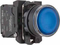 Schneider Electric - 22mm Mount Hole, Flush, Pushbutton Switch with Contact Block - Round, Blue Pushbutton, Illuminated, Momentary (MO) - Strong Tooling