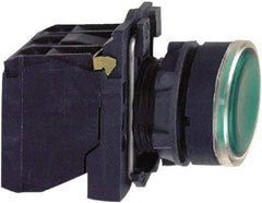 Schneider Electric - 22mm Mount Hole, Flush, Pushbutton Switch with Contact Block - Round, Green Pushbutton, Illuminated, Momentary (MO) - Strong Tooling