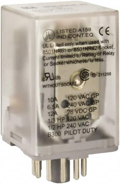 Square D - 1/2 hp at 240 Volt & 1/3 hp at 120 Volt, Octal Electromechanical Plug-in General Purpose Relay - 6.6 Amp at 240 VAC, 3PDT, 24 VAC at 50/60 Hz - Strong Tooling