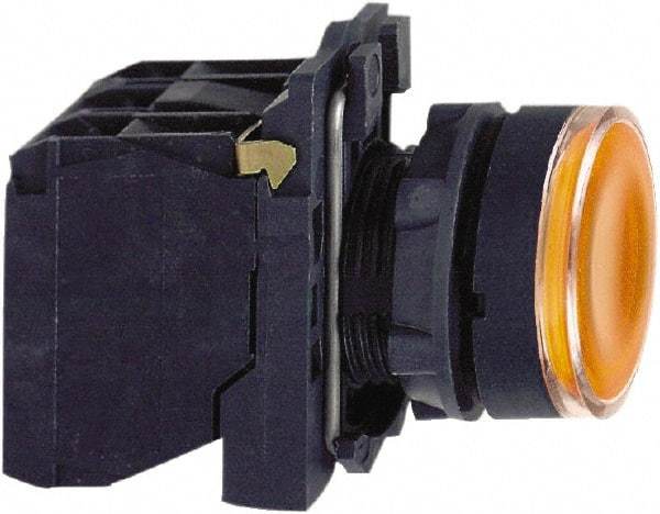 Schneider Electric - 22mm Mount Hole, Flush, Pushbutton Switch with Contact Block - Round, Orange Pushbutton, Illuminated, Momentary (MO) - Strong Tooling