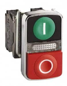 Schneider Electric - 22mm Mount Hole, Extended Straight, Flush, Pushbutton Switch Only - Rectangle, Green and Red Pushbutton, Illuminated, Momentary (MO), On-Off, Shock and Vibration Resistant - Strong Tooling