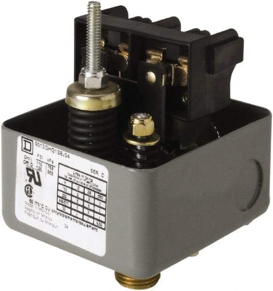 Square D - 1 NEMA Rated, DPST, 110 to 125 psig, Vacuum Switch Pressure and Level Switch - Adjustable Pressure, 575 VAC, 0.13 Inch NPSF Connector, Screw Terminal, For Use with Air Compressors, Electrically Driven Water Pumps - Strong Tooling