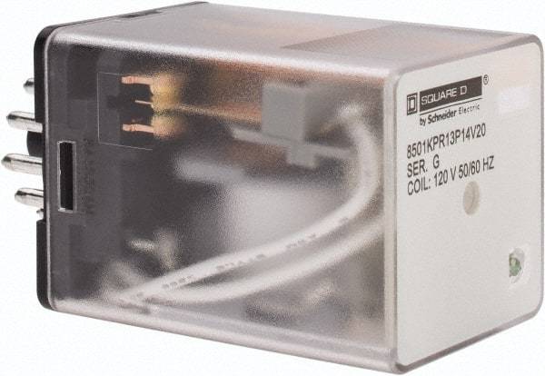 Square D - 11 Pins, 1 hp at 277 Volt & 1/3 hp at 120 Volt, 3 VA Power Rating, Octal Electromechanical Plug-in General Purpose Relay - 10 Amp at 250 VAC, 3PDT, 120 VAC at 50/60 Hz, 34.9mm Wide x 50.3mm High x 35.4mm Deep - Strong Tooling