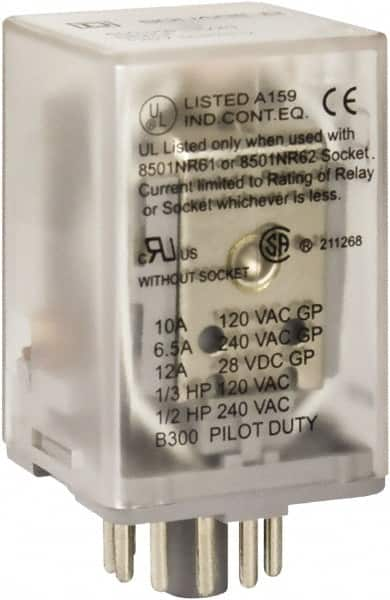 Square D - 8 Pins, 1 hp at 277 Volt & 1/3 hp at 120 Volt, 3 VA Power Rating, Octal Electromechanical Plug-in General Purpose Relay - 10 Amp at 250 VAC, DPDT, 48 VDC, 34.9mm Wide x 50.3mm High x 35.4mm Deep - Strong Tooling