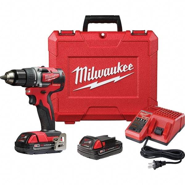 Milwaukee Tool - 18 Volt 1/2" Chuck Pistol Grip Handle Cordless Drill - 0-1800 RPM, Single-Sleeve Ratcheting Chuck, Reversible, 2 Lithium-Ion Batteries Included - Strong Tooling