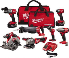 Milwaukee Tool - 18 Volt Cordless Tool Combination Kit - Includes Hammer Drill, Impact Driver, Reciprocating Saw, Circular Saw, Grinder, Work Light & 1/2" Impact Wrench, Lithium-Ion Battery Included - Strong Tooling