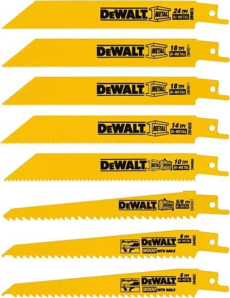 DeWALT - 8 Pieces, 4" to 6" Long x 0.04" Thickness, Bi-Metal Reciprocating Saw Blade Set - Straight Profile, 4 to 24 Teeth, Toothed Edge - Strong Tooling