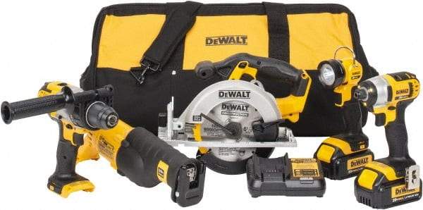 DeWALT - 5 Piece 20 Volt Cordless Tool Combination Kit - Includes 1/2" Hammerdrill, 1/4" Impact Driver, Reciprocating Saw, 6-1/2" Circular Saw & LED Worklight, Lithium-Ion Battery Included - Strong Tooling