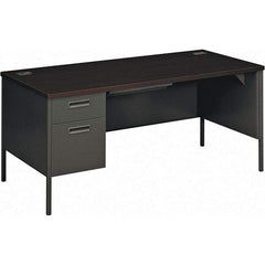 Hon - Plastic Laminated Top Single Pedestal Desk with Center Drawer - 66" Wide x 30" Deep x 29-1/2" High, Mahogany/Charcoal - Strong Tooling