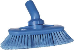 Vikan - 1-1/2" Bristle Length, Polyester Wash Brush - 7-3/4" Long x 3" Wide Head, 8" OAL, European Threaded Handle, Blue, Polypropylene Block, Flagged - Strong Tooling