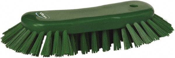 Vikan - 1.3" Bristle Length, Polyester Utility Scrub Brush - 7-3/4" Long x 3" Wide Head, 8" OAL, European Threaded Handle, Green, Polypropylene Block - Strong Tooling