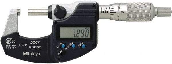 Mitutoyo - 0.0001 Inch Resolution, Standard Throat, Electronic Outside Micrometer - Includes Stand - Strong Tooling