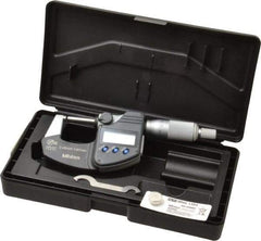 Mitutoyo - 0 to 25 mm Range, 0.001 mm Resolution, Standard Throat, IP65 Electronic Outside Micrometer - 0.001 Inch Accuracy, Ratchet Stop Thimble, Carbide Face, SR44 Battery, Data Output, Plastic Case, Includes NIST Traceable Certification of Inspection - Strong Tooling