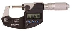 Mitutoyo - 0.0001 Inch Resolution, Standard Throat, Electronic Outside Micrometer - Includes Stand - Strong Tooling