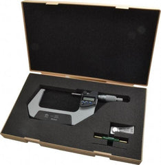 Mitutoyo - 3 to 4 Inch Range, 0.0001 Inch Resolution, Standard Throat, IP65 Electronic Outside Micrometer - 0.0001 Inch Accuracy, Ratchet Stop Thimble, Carbide Face, SR44 Battery, Data Output, Plastic Case - Strong Tooling