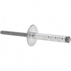 RivetKing - Large Flange Head Aluminum Open End Blind Rivet - Steel Mandrel, 0.437" to 3/4" Grip, 1.065" Length Under Head, 3/16" Body Diam - Strong Tooling