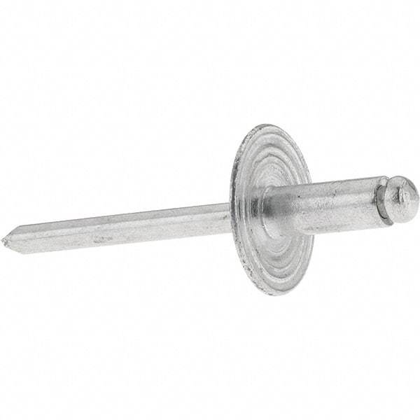 Value Collection - Size 64 Large Flange Dome Head Aluminum Open End Blind Rivet - Aluminum Mandrel, 0.062" to 1/4" Grip, 0.615" Head Diam, 0.192" to 0.196" Hole Diam, 0.45" Length Under Head, 3/16" Body Diam - Strong Tooling