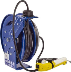 CoxReels - 16 AWG, 35' Cable Length, Cord & Cable Reel with Fluorescent Angle Light with Tool Tap Plug End - 1 Outlet, 13 Amps, 115 Volts, SJTO Cable, Blue Reel, Spring Driven Reel - Strong Tooling