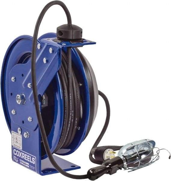 CoxReels - 16 AWG, 50' Cable Length, Cord & Cable Reel with Incandescent Hand Lamp with Tool Tap Plug End - 1 Outlet, NEMA 5-15R, 13 Amps, 115 Volts, SJTO Cable, Blue Reel, Spring Driven Reel - Strong Tooling