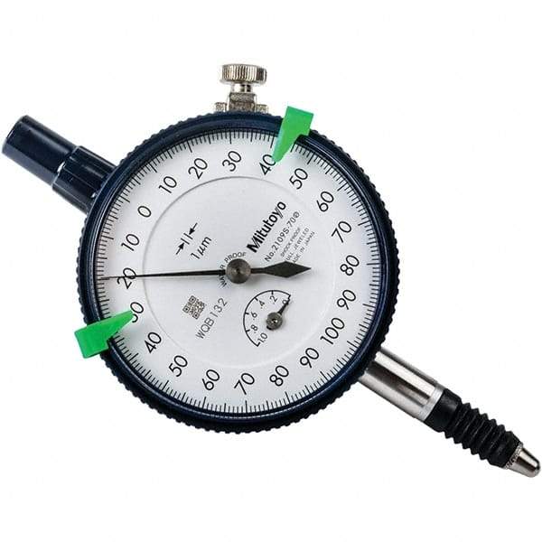 Mitutoyo - 1mm Range, 0-100-0 Dial Reading, 0.001mm Graduation Dial Drop Indicator - 57mm Dial, 0.2mm Range per Revolution, 0.005mm Accuracy, Revolution Counter - Strong Tooling