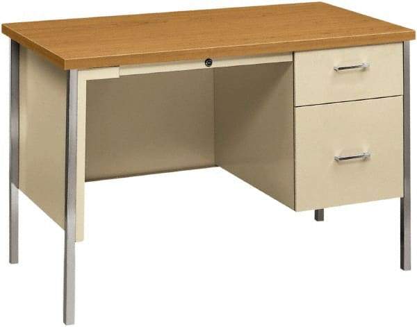 Hon - Woodgrain Laminate/Metal Right Pedestal Desk with Center Drawer - 45" Wide x 24" Deep x 29" High, Harvest/Putty - Strong Tooling