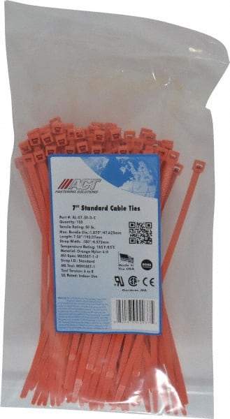 Made in USA - 7.562" Long Orange Nylon Standard Cable Tie - 50 Lb Tensile Strength, 1.32mm Thick, 2" Max Bundle Diam - Strong Tooling