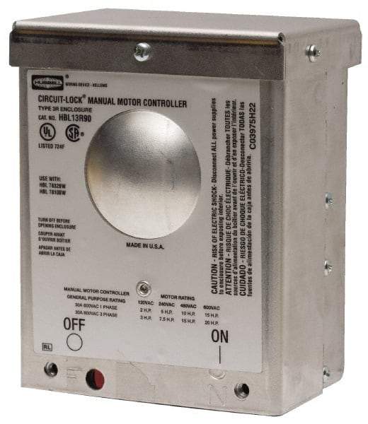 Hubbell Wiring Device-Kellems - 2 Poles, 60 Amp, NEMA, Enclosed Pushbutton Manual Motor Starter - 111.8mm Wide x 83.8mm Deep x 256.8mm High, 15 hp, CSA Certified, NEMA 3R & UL Listed - Strong Tooling