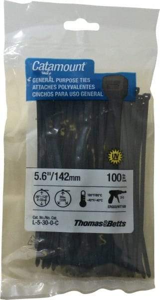 Thomas & Betts - 5.6" Long Black Nylon Standard Cable Tie - 30 Lb Tensile Strength, 1.21mm Thick, 1-1/4" Max Bundle Diam - Strong Tooling