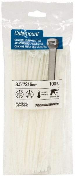 Thomas & Betts - 8-1/2" Long Natural (Color) Nylon Standard Cable Tie - 40 Lb Tensile Strength, 1.13mm Thick, 4" Max Bundle Diam - Strong Tooling