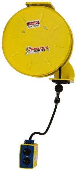 Conductix - 16 AWG, 25' Cable Length, Cord & Cable Reel with Outlet End - 3 Outlets, NEMA 5-15R, 10 Amps, 125 Volts, SOOW-A Cable, Yellow Reel, Spring Driven Reel - Strong Tooling