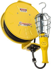 Conductix - 16 AWG, 25' Cable Length, Cord & Cable Reel with Incandescent Hand Lamp End - 1 Outlet, NEMA 5-15R, 10 Amps, 125 Volts, SOOW-A Cable, Yellow Reel, Spring Driven Reel - Strong Tooling