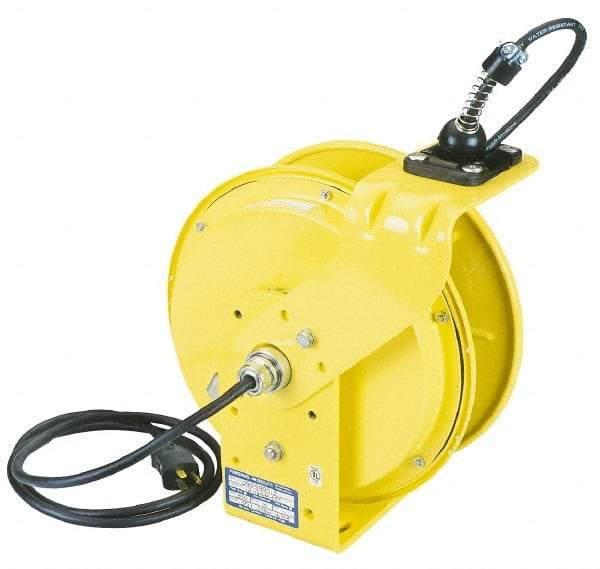 Conductix - 16 AWG, 35' Cable Length, Cord & Cable Reel with Outlet End - 3 Outlets, NEMA 5-15R, 10 Amps, 125 Volts, SOOW-A Cable, Yellow Reel, Spring Driven Reel - Strong Tooling