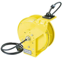 Conductix - 16 AWG, 35' Cable Length, Cord & Cable Reel with Outlet End - 3 Outlets, NEMA 5-15R, 10 Amps, 125 Volts, SOOW-A Cable, Yellow Reel, Spring Driven Reel - Strong Tooling