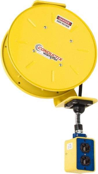 Conductix - 16 AWG, 50' Cable Length, Cord & Cable Reel with Outlet End - 3 Outlets, NEMA 5-15R, 10 Amps, 125 Volts, SOOW-A Cable, Yellow Reel, Spring Driven Reel - Strong Tooling