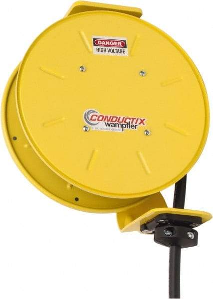 Conductix - 12 AWG, 20' Cable Length, Cord & Cable Reel with Bare End - 3 Outlets, NEMA 5-20R, 20 Amps, SEOW-A Cable, Yellow Reel, Spring Driven Reel - Strong Tooling