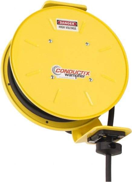 Conductix - 14 AWG, 40' Cable Length, Cord & Cable Reel with Bare End - 3 Outlets, NEMA 5-15R, 15 Amps, SEOW-A Cable, Yellow Reel, Spring Driven Reel - Strong Tooling