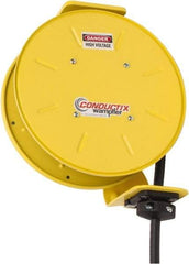 Conductix - 14 AWG, 20' Cable Length, Cord & Cable Reel with Bare End - 4 Outlets, NEMA 5-15R, 12 Amps, SEOW-A Cable, Yellow Reel, Spring Driven Reel - Strong Tooling