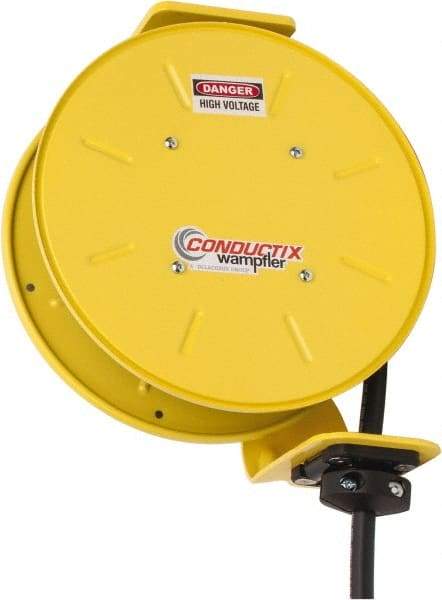 Conductix - 14 AWG, 30' Cable Length, Cord & Cable Reel with Bare End - 4 Outlets, NEMA 5-15R, 12 Amps, SEOW-A Cable, Yellow Reel, Spring Driven Reel - Strong Tooling