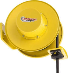 Conductix - 12 AWG, 40' Cable Length, Cord & Cable Reel with Bare End - 4 Outlets, NEMA 5-15R, 16 Amps, SEOW-A Cable, Yellow Reel, Spring Driven Reel - Strong Tooling