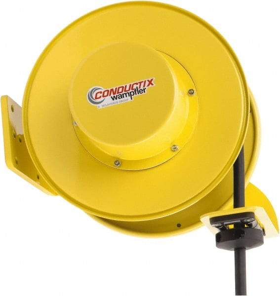 Conductix - 10 AWG, 50' Cable Length, Cord & Cable Reel with Bare End - 4 Outlets, NEMA 5-20R, 20 Amps, SEOW-A Cable, Yellow Reel, Spring Driven Reel - Strong Tooling