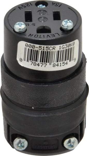 Leviton - 125 VAC, 15 Amp, 5-15R NEMA, Straight, Self Grounding, Residential Grade Connector - 2 Pole, 3 Wire, 1 Phase, Rubber, Black - Strong Tooling