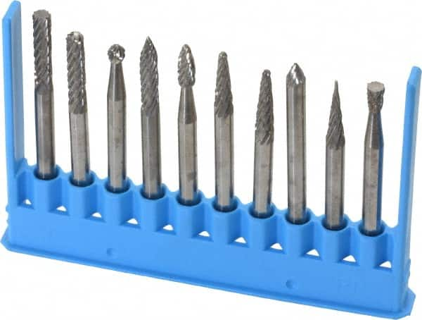 Made in USA - 10 Piece, 1/8" Shank Burr Set - Tungsten Carbide - Strong Tooling