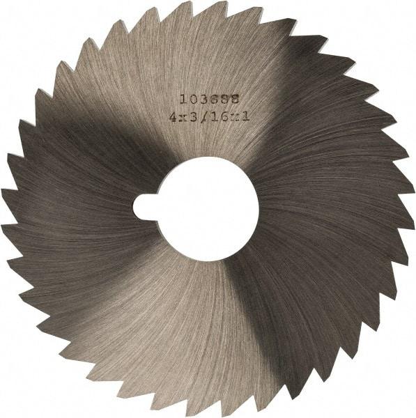 Made in USA - 4" Diam x 3/16" Blade Thickness x 1" Arbor Hole Diam, 36 Tooth Slitting and Slotting Saw - Arbor Connection, Right Hand, Uncoated, High Speed Steel, Concave Ground, Contains Keyway - Strong Tooling